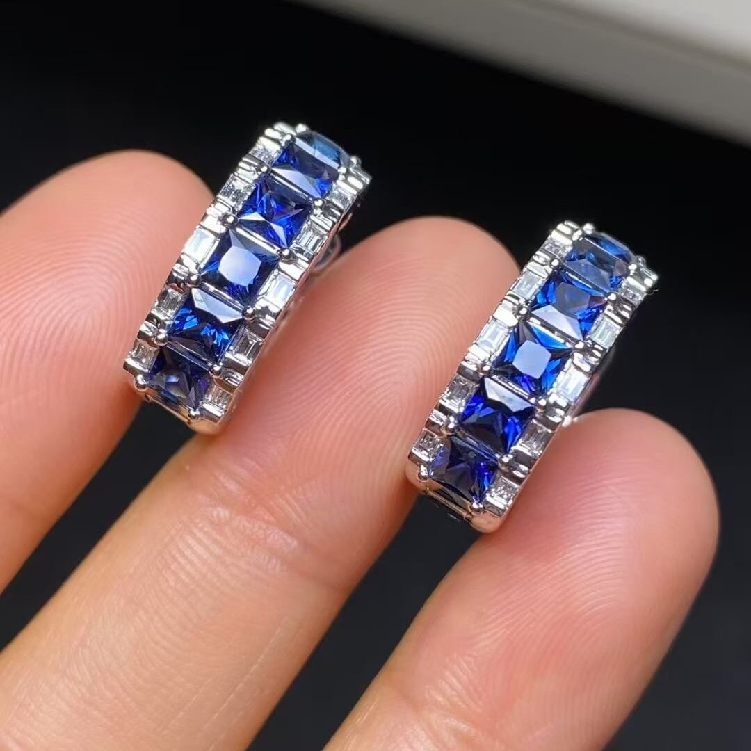 14k Gold 3.62 Ctw Natural Sapphire & Diamond Earrings: Ref:230936239 // gold content:14k gold // main gemstone:sapphire // shape:princess // carat weight:3. 28ct // color:royal blue // treatment:natural // // adjacent gemstone 2 : diamond //