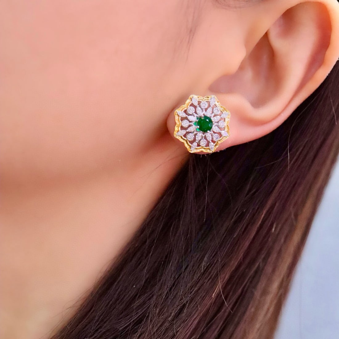 14k Gold 2.71 Ctw Vivid Green Natural Emerald & Lab Grown Diamond Earrings - 5