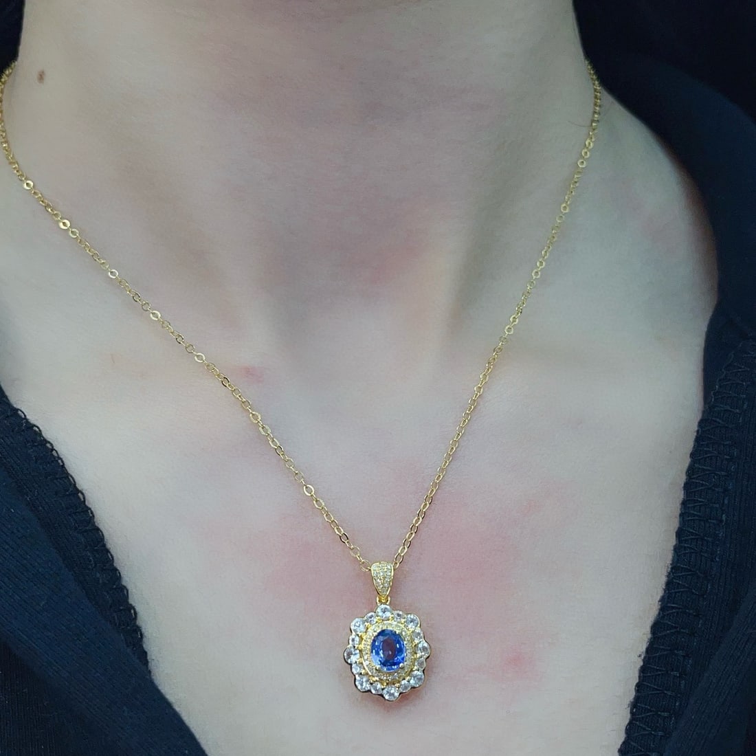 14k Gold 1.00 Ct Natural Sapphire & Diamond & Sapphire Pendant( Without Chain ) - 2