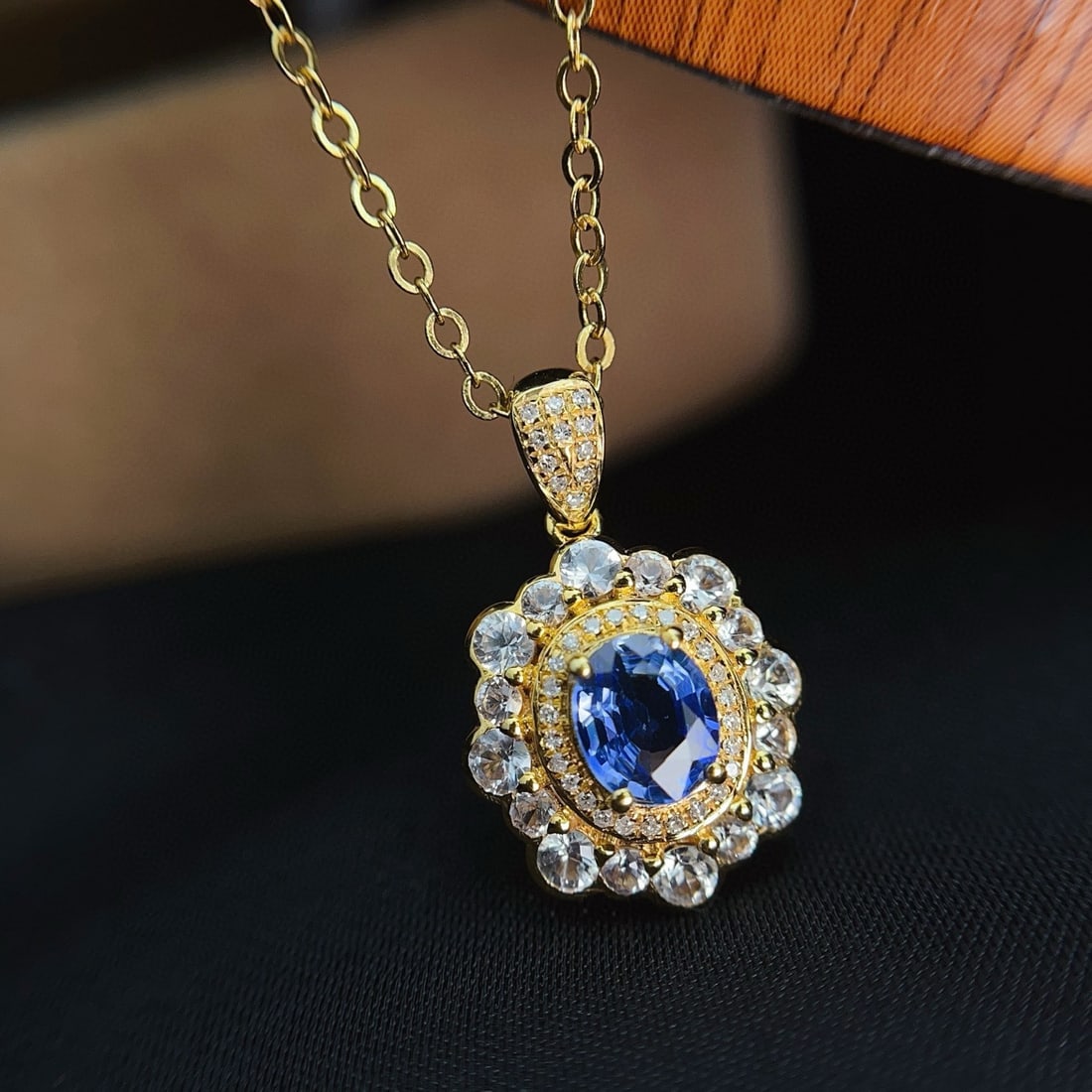 14k Gold 1.00 Ct Natural Sapphire & Diamond & Sapphire Pendant( Without Chain ) - 4