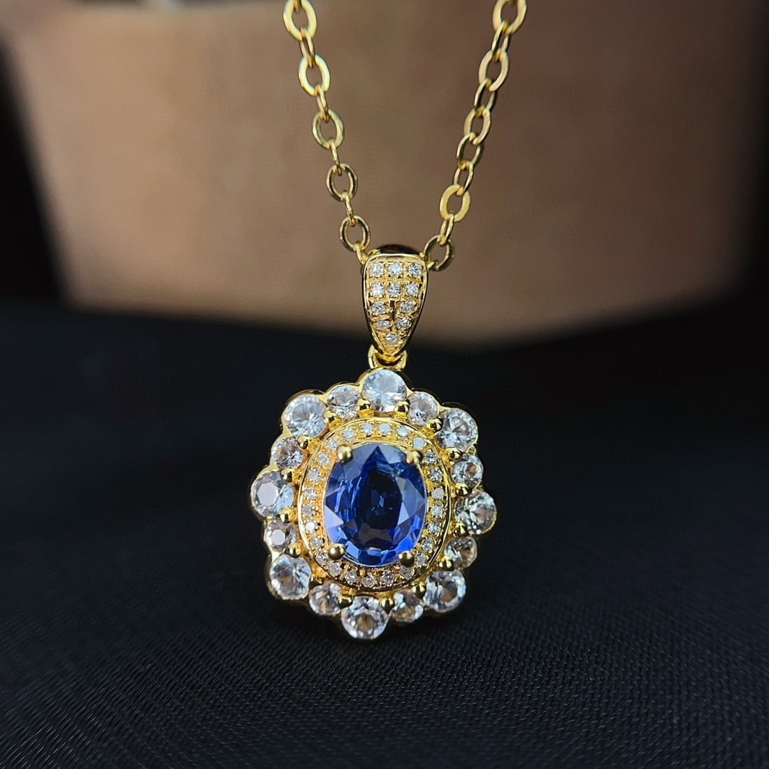 14k Gold 1.00 Ct Natural Sapphire & Diamond & Sapphire Pendant( Without Chain ) - 5
