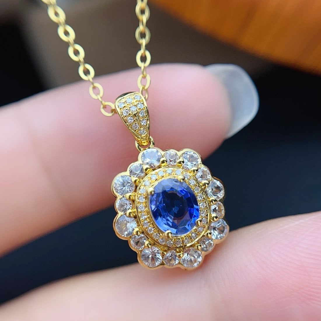 14k Gold 1.00 Ct Natural Sapphire & Diamond & Sapphire Pendant( Without Chain ) - 6