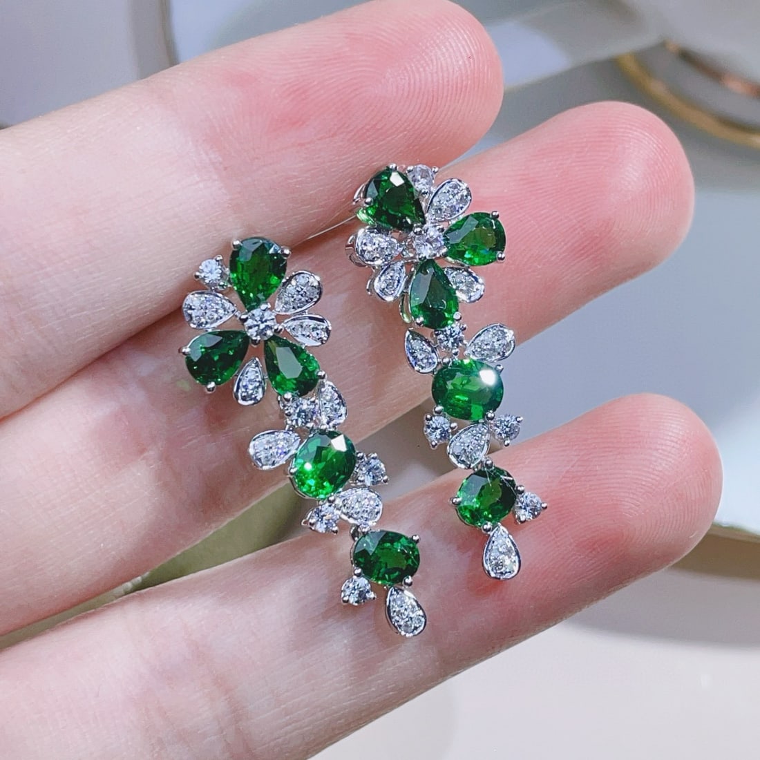14k Gold 4.01 Ct Vivid Green Natural Tsavorite & Diamond & Sapphire Earrings - 2
