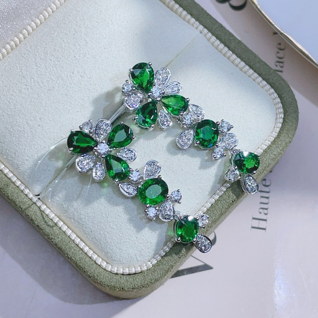 14k Gold 4.01 Ct Vivid Green Natural Tsavorite & Diamond & Sapphire Earrings - 3