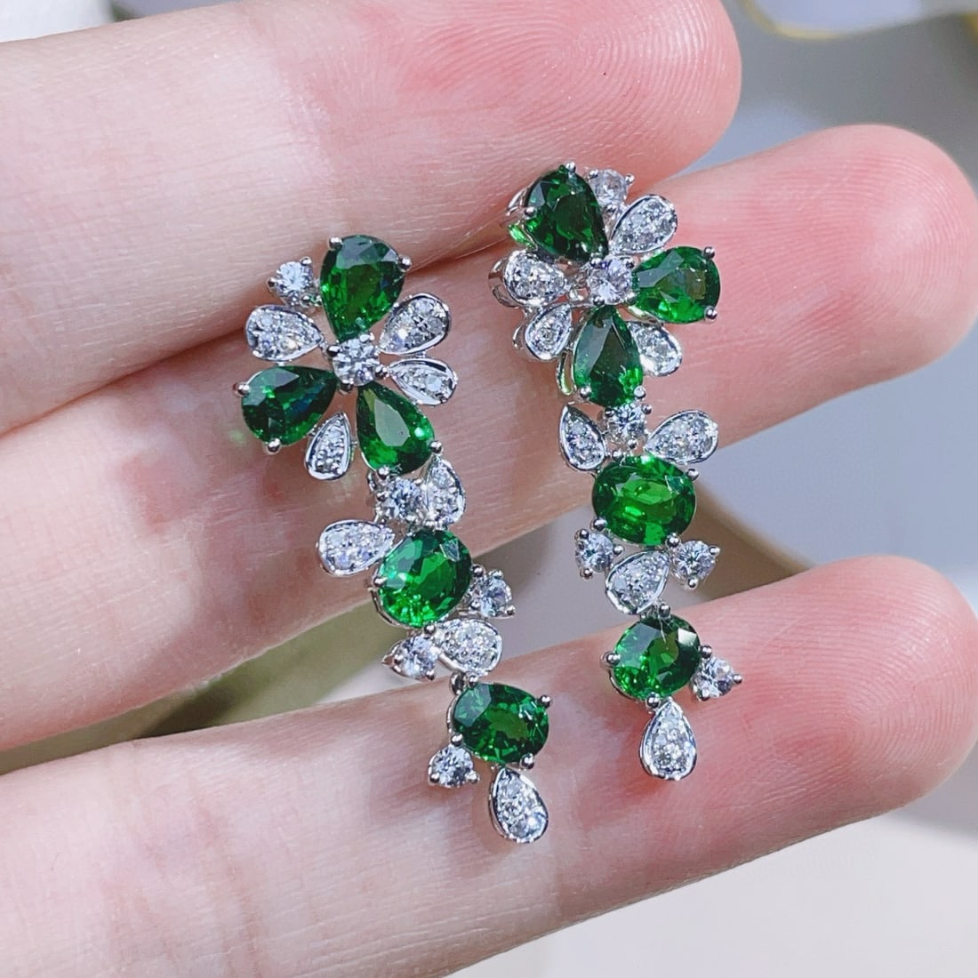 14k Gold 4.01 Ct Vivid Green Natural Tsavorite & Diamond & Sapphire Earrings - 4