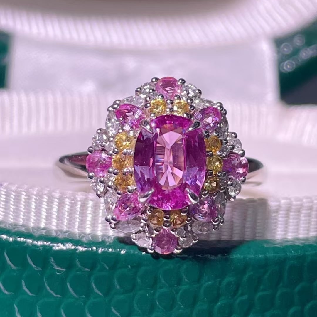 14k Gold 1.64 Ctw Natural Padparadscha Sapphire & Diamond Ring: Ref:230936273 // gold content:14k gold // ring size:7. 25us // // main gemstone:padparadscha sapphire // shape:oval // carat weight:1. 3ct // color:orangish pink // treatment:natural // //