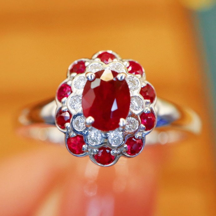 14k Gold 0.81 Ctw Natural Ruby & Diamond Ring: Ref:230936281 // gold content:14k gold // ring size:7. 25us // // main gemstone:ruby // shape:multiply // carat weight:0. 71ct // color:pigeonblood red // treatment:natural // // adjacent gemstone 2 :