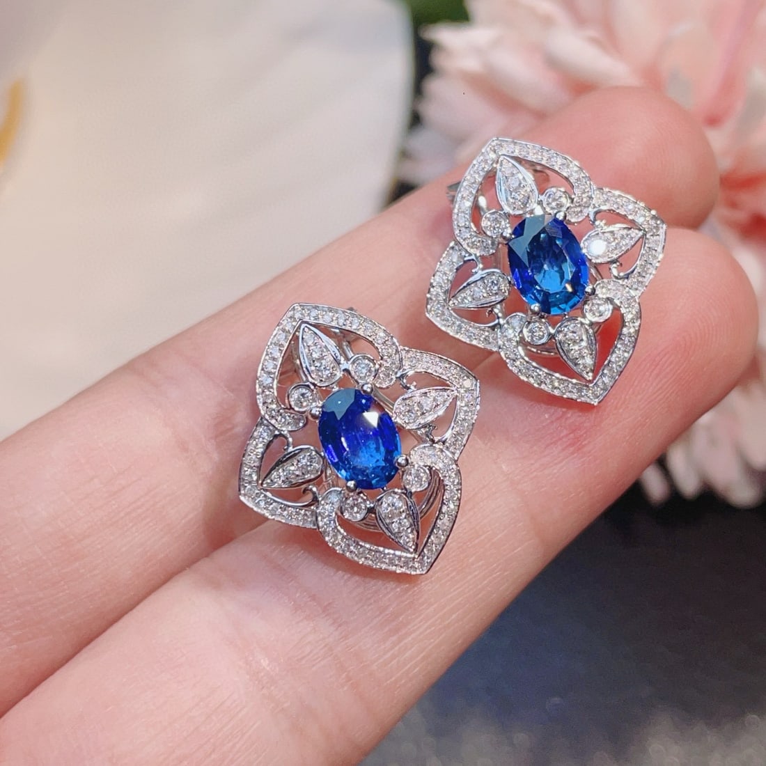 14k Gold 2.22 Ct Natural Sapphire & Diamond Earrings - 2