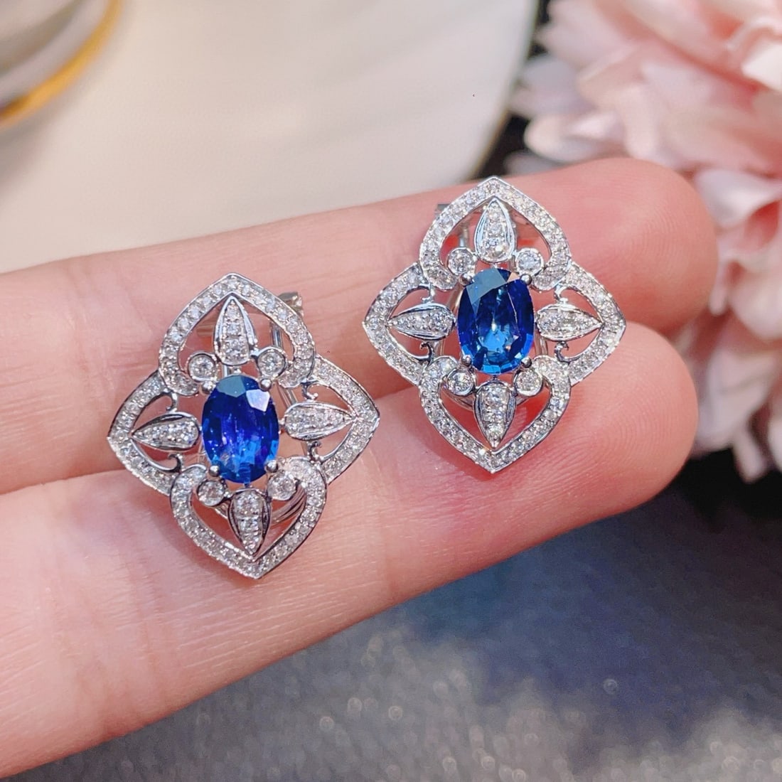 14k Gold 2.22 Ct Natural Sapphire & Diamond Earrings - 3