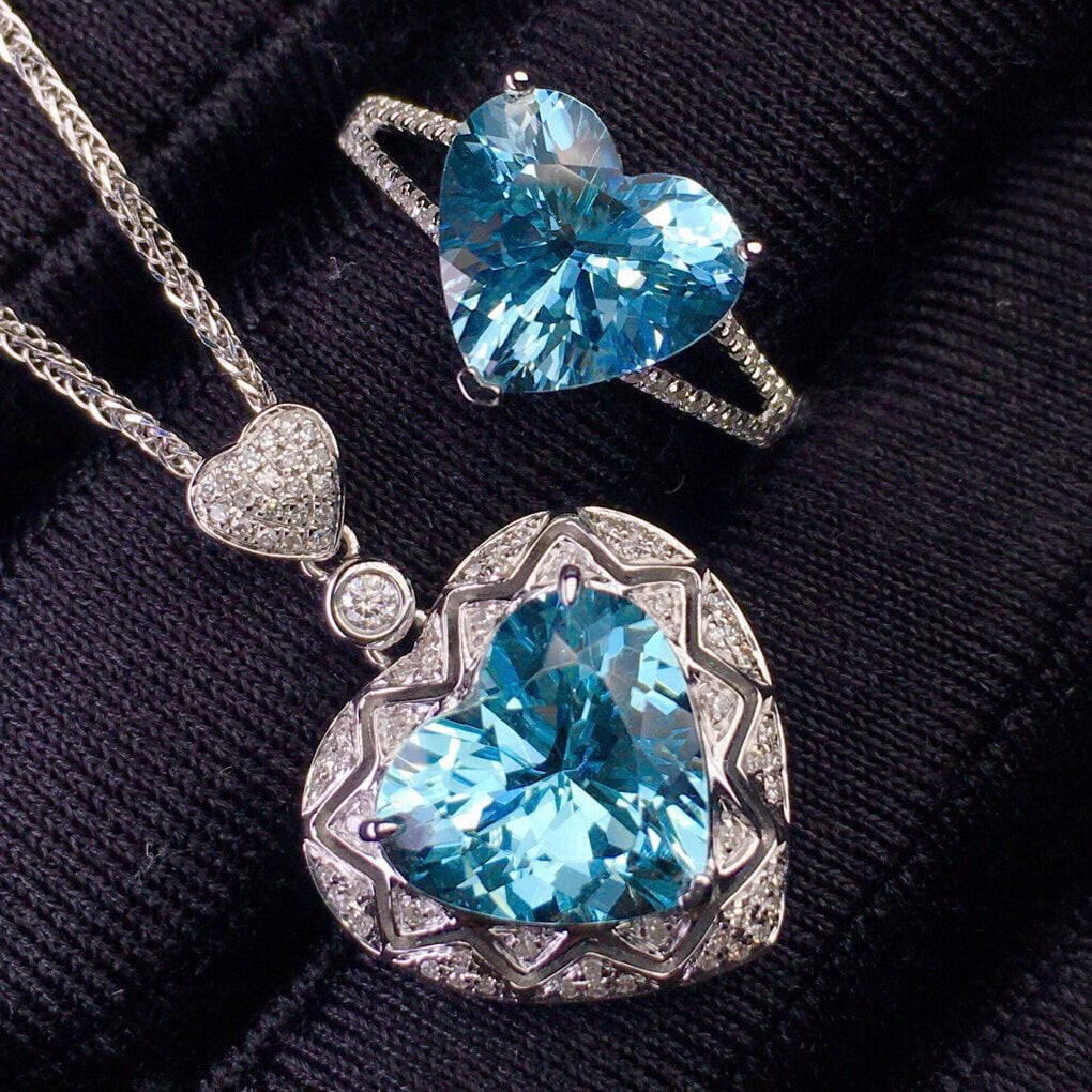 14k Gold 6.96 Ct Natural Aquamarine & Diamond Jewelry Set - 2