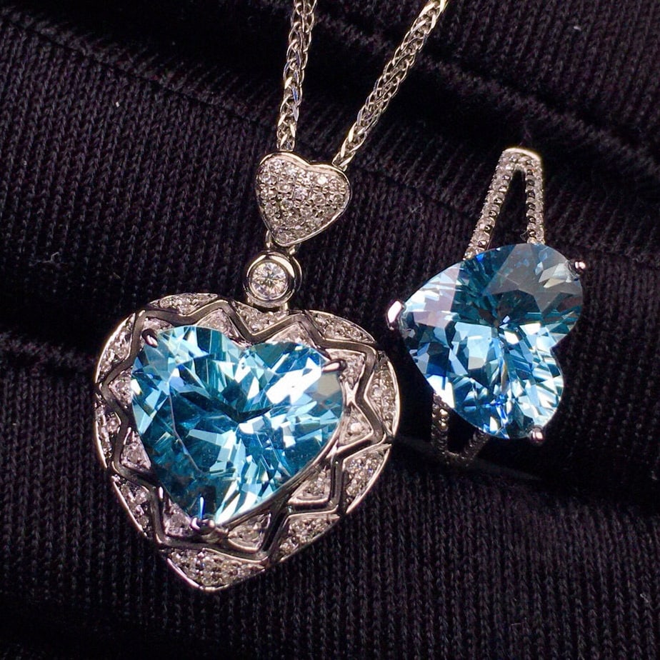14k Gold 6.96 Ct Natural Aquamarine & Diamond Jewelry Set - 3