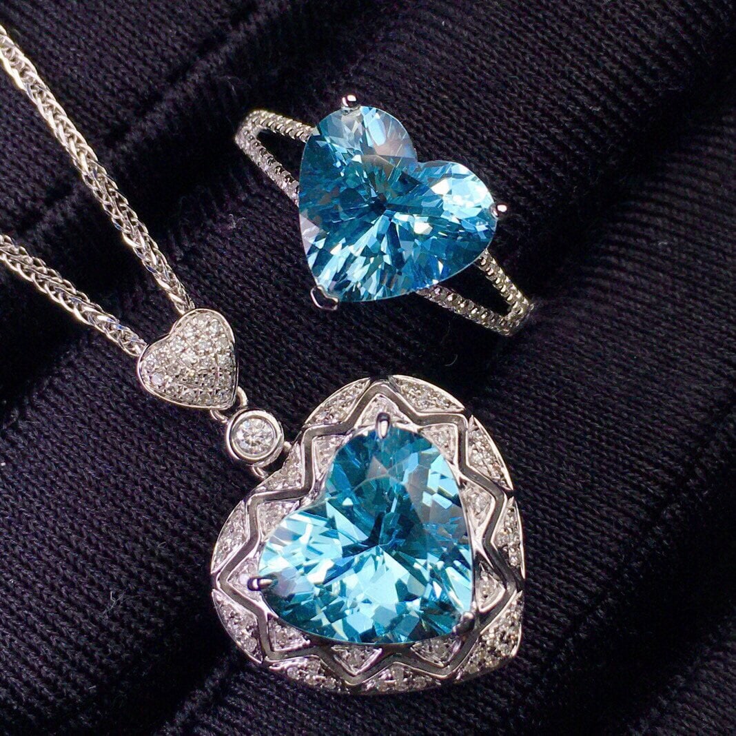 14k Gold 6.96 Ct Natural Aquamarine & Diamond Jewelry Set - 5
