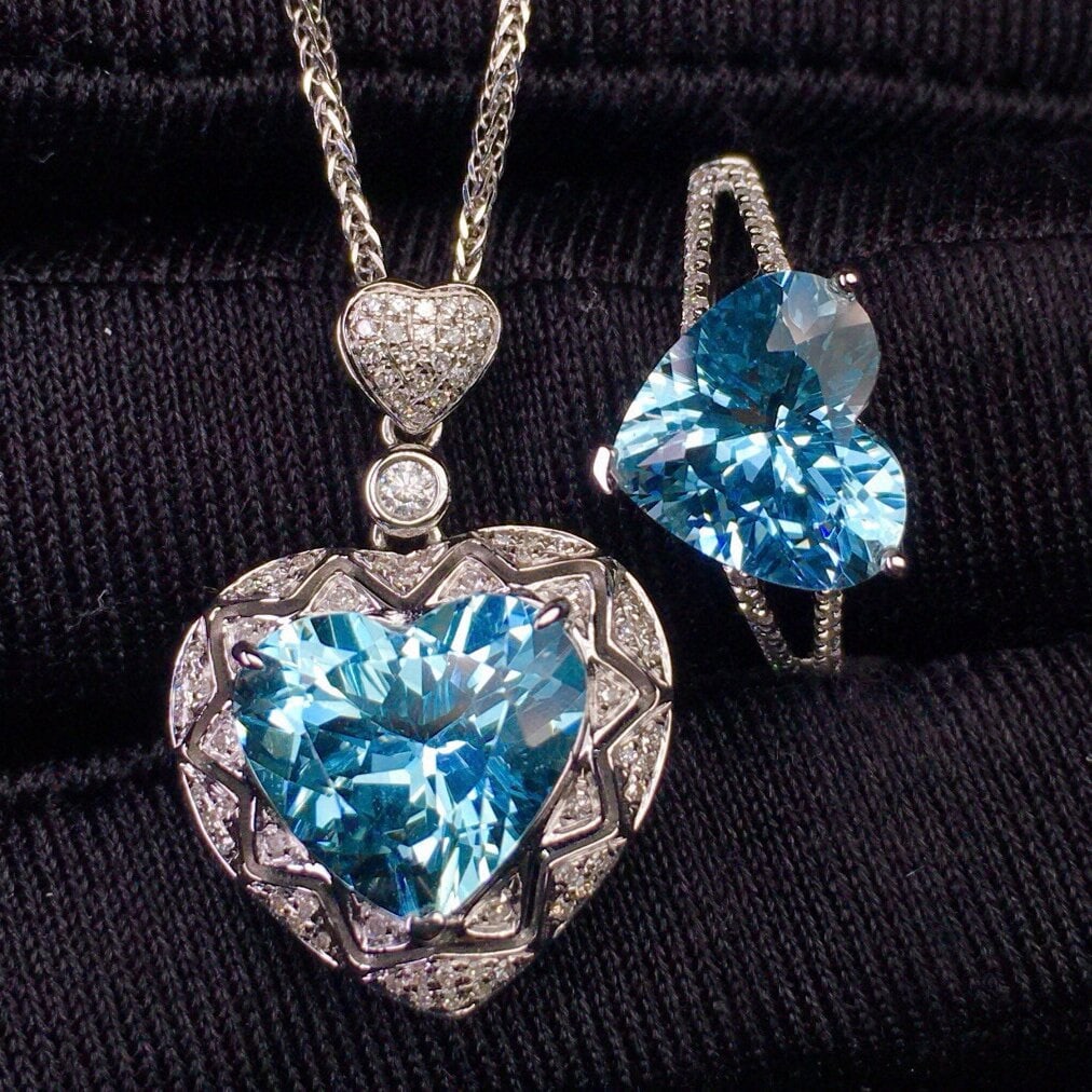 14k Gold 6.96 Ct Natural Aquamarine & Diamond Jewelry Set - 6