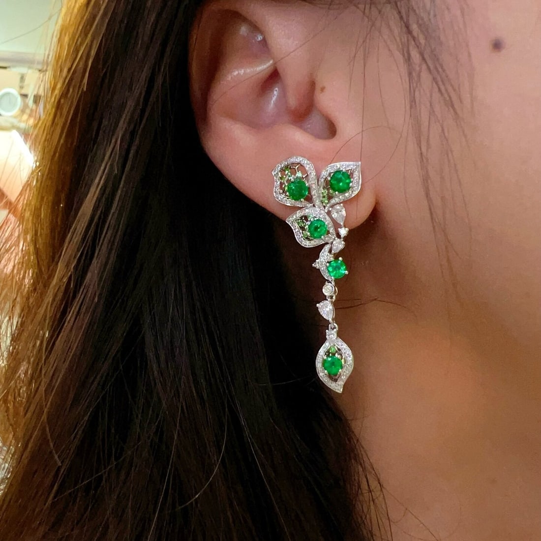 14k Gold 3.10 Ctw Vivid Green Natural Emerald & Diamond Earrings - 2