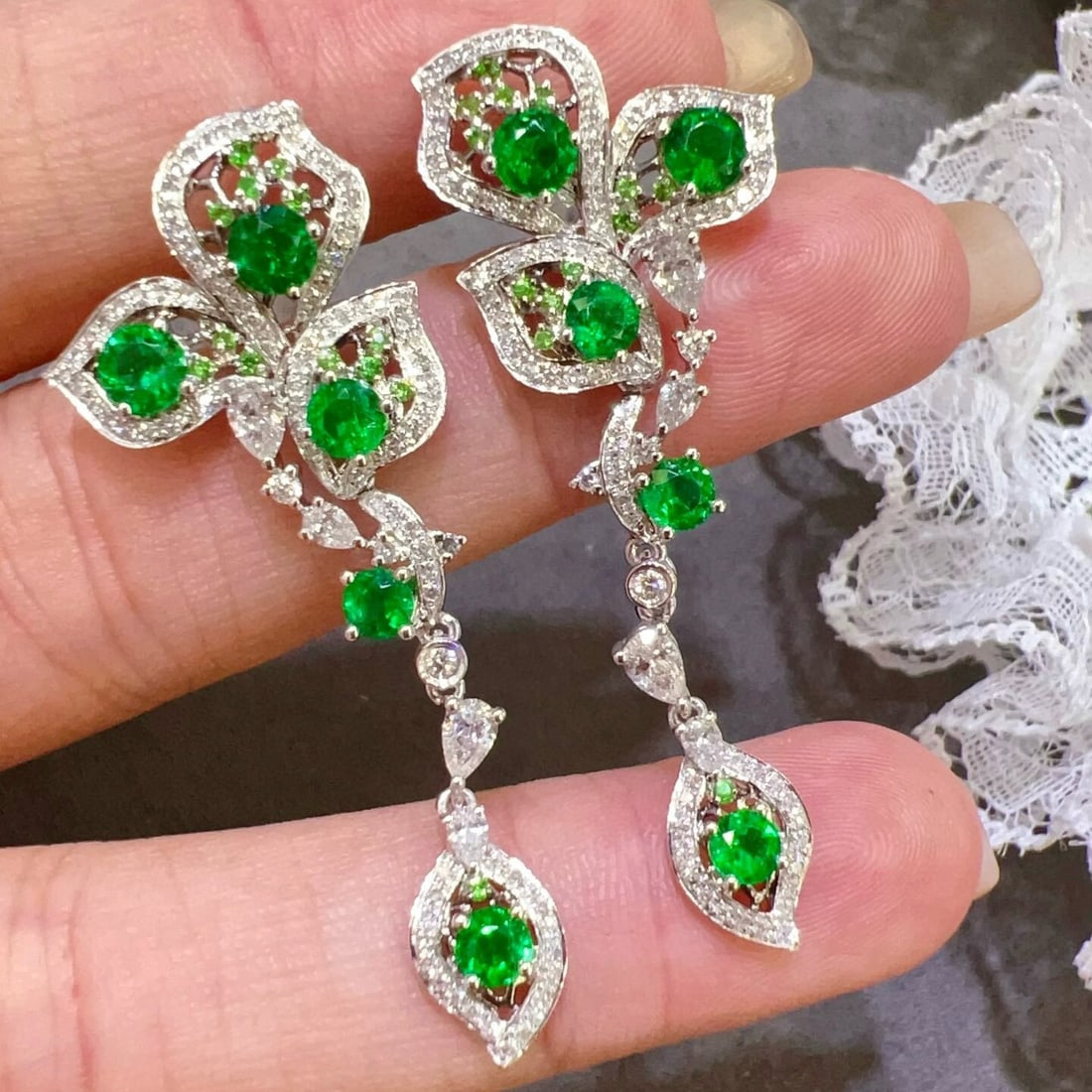 14k Gold 3.10 Ctw Vivid Green Natural Emerald & Diamond Earrings - 4