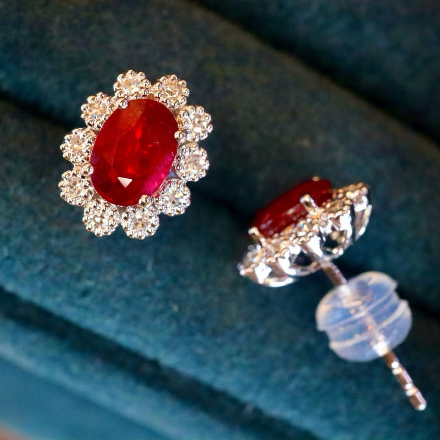 14k Gold 1.00 Ctw Natural Ruby & Diamond Earrings - 2