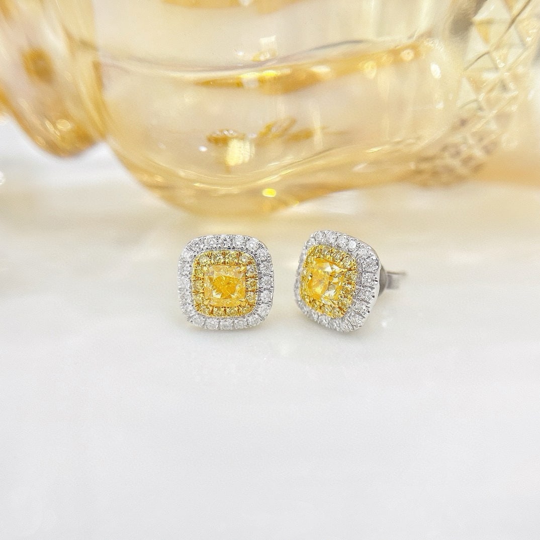Gia Certified 14k Gold 1.65 Ctw Natural Yellow Diamond & Diamond Earrings: Ref:230936332 // gold content:14k gold // main gemstone:yellow diamond // certified:gia // shape:cushion // carat weight:1. 01ct // clarity grade:vvs2 // color:yellow // treatment:natural //