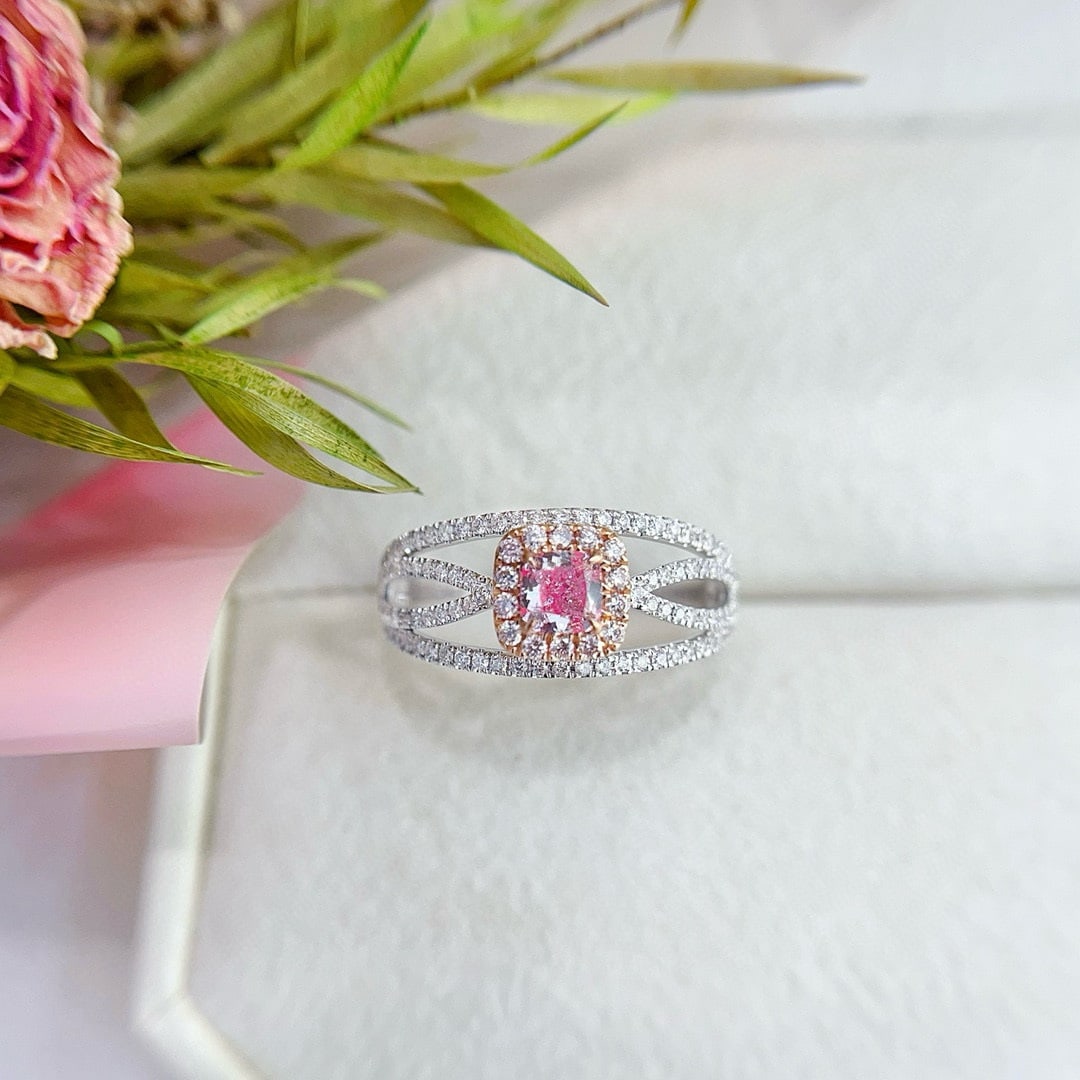 14k Gold 0.73 Ctw Natural Pink Diamond & Diamond Ring: Ref:230936337 // gold content:14k gold // ring size:7. 25us // // main gemstone:pink diamond // shape:cushion // carat weight:0. 32ct // color:pink // treatment:natural // // adjacent gemstone 2 :