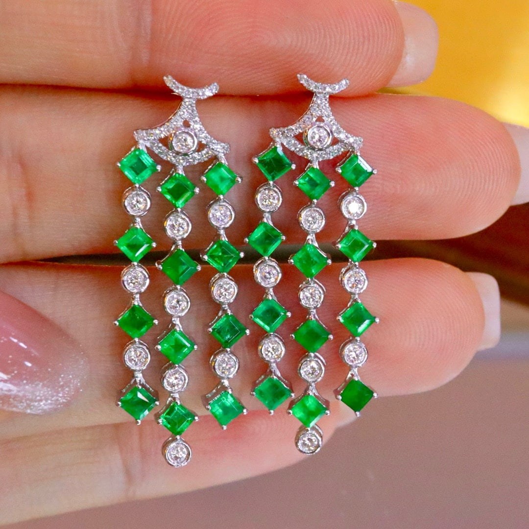 14k Gold 3.71 Ctw Vivid Green Natural Emerald & Diamond Earrings - 2