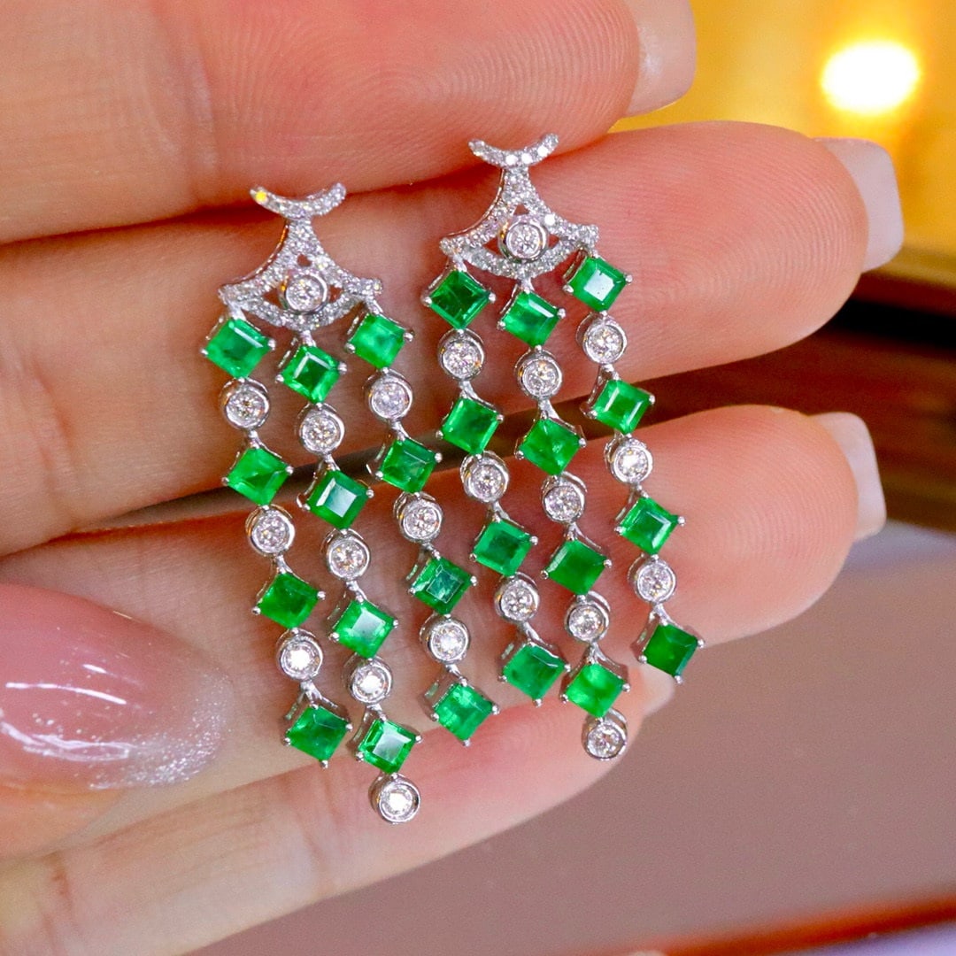 14k Gold 3.71 Ctw Vivid Green Natural Emerald & Diamond Earrings - 3