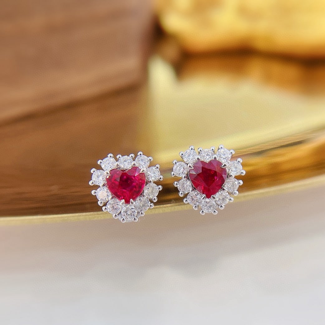 14k Gold 1.16 Ctw Natural Ruby & Diamond Earrings: Ref:230936344 // gold content:14k gold // main gemstone:ruby // shape:heart // carat weight:0. 74ct // color:red // treatment:natural // // adjacent gemstone 2 : diamond // shape:round // carat weight