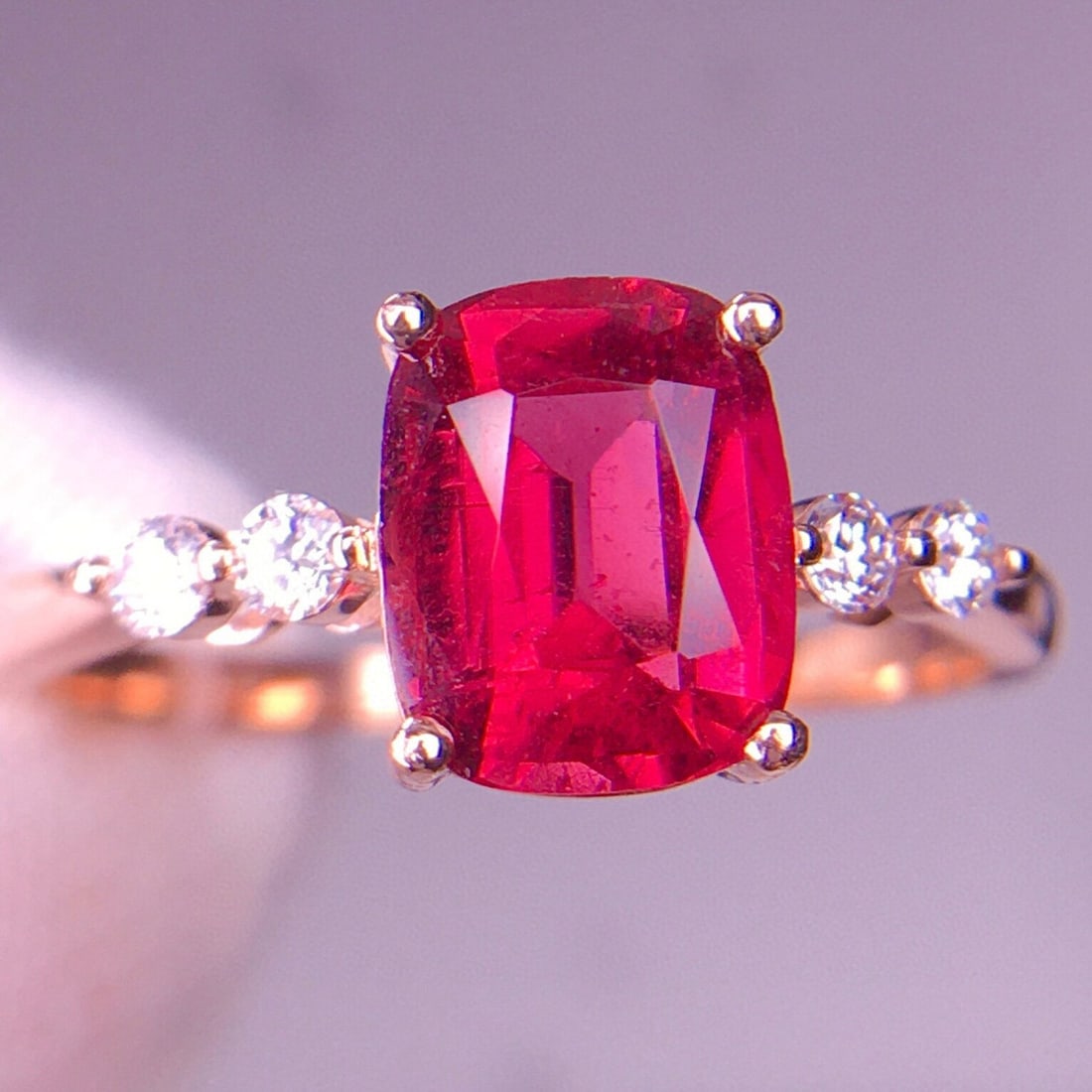 14k Gold 1.91 Ct Natural Tourmaline & Diamond Ring: Ref:230936354 // gold content:14k gold // ring size:7. 25us // // main gemstone:tourmaline // shape:cushion // carat weight:1. 91ct // color:red // treatment:natural // // adjacent gemstone 2 : diamon
