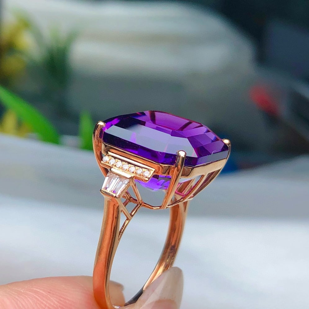 14k Gold 14.02 Ct Natural Amethyst & Diamond & Sapphire Ring - 3