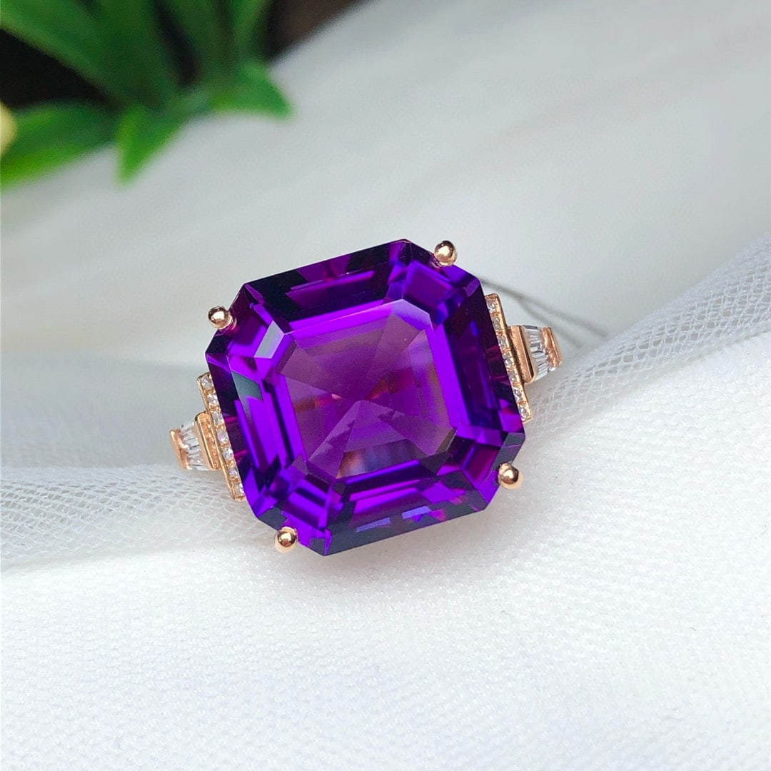 14k Gold 14.02 Ct Natural Amethyst & Diamond & Sapphire Ring - 5