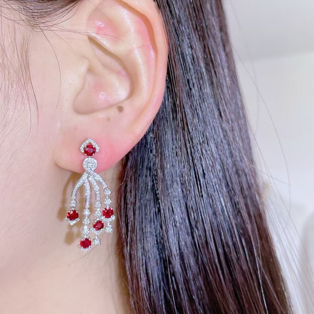 14k Gold 2.80 Ct Natural Ruby & Diamond Earrings - 2