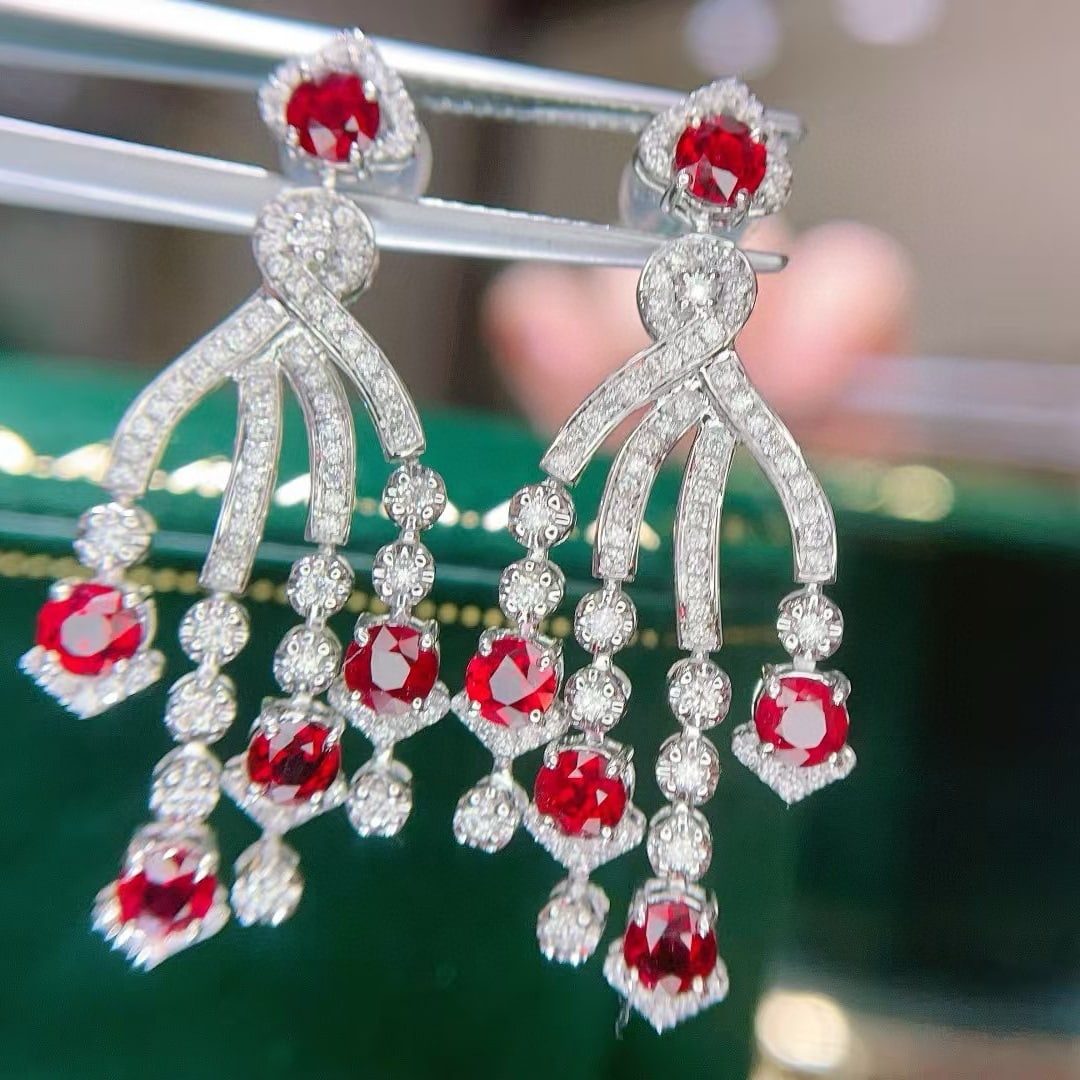 14k Gold 2.80 Ct Natural Ruby & Diamond Earrings - 3