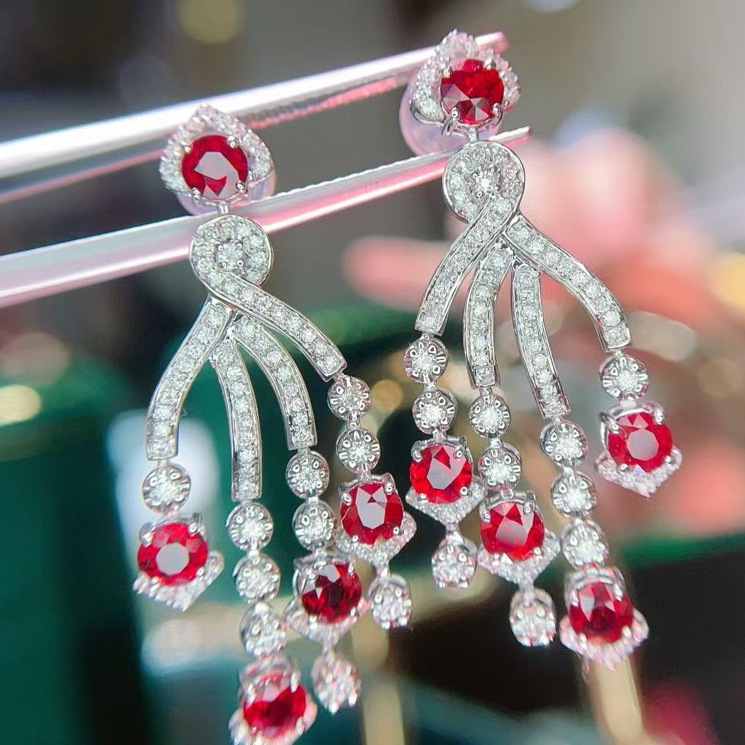 14k Gold 2.80 Ct Natural Ruby & Diamond Earrings - 6