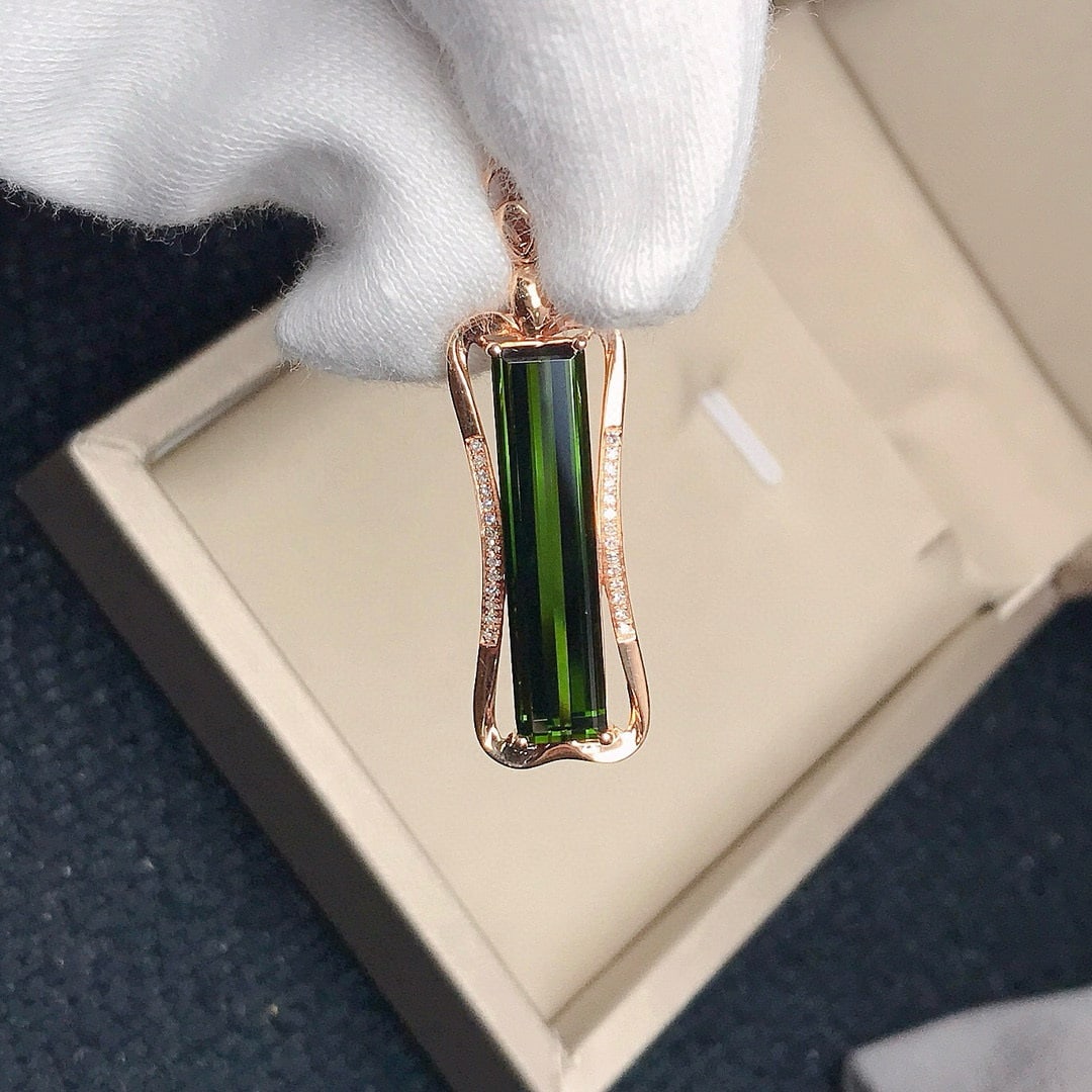 14k Gold 6.18 Ctw Natural Tourmaline & Diamond Pendant( Without Chain ) - 2