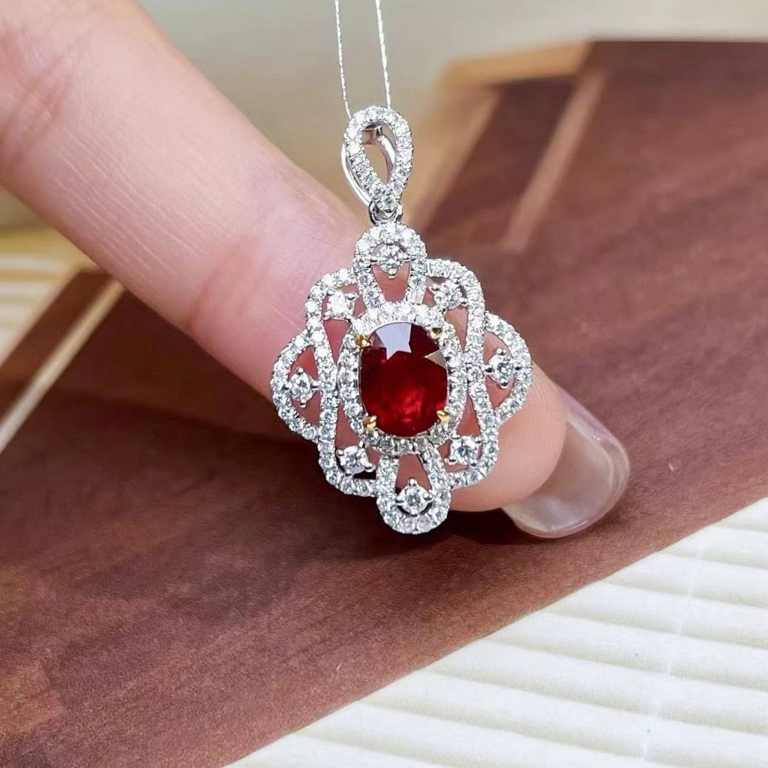 14k Gold 1.62 Ctw Natural Ruby & Diamond Pendant( Without Chain ): Ref:230936401 // gold content:14k gold // main gemstone:ruby // shape:oval // carat weight:1. 03ct // color:pigeonblood red // treatment:natural // // adjacent gemstone 2 : diamond // shape:round