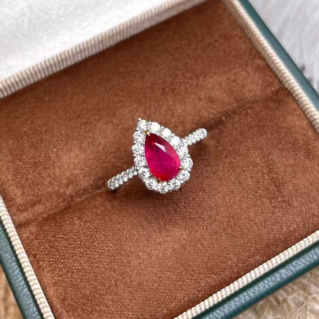 14k Gold 1.64 Ctw Natural Ruby & Diamond Ring: Ref:230936415 // gold content:14k gold // ring size:7. 25us // // main gemstone:ruby // shape:pear // carat weight:1. 16ct // color:pigeonblood red // treatment:natural // // adjacent gemstone 2 : dia