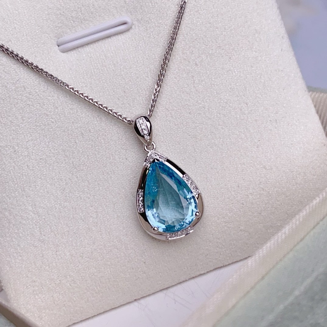 14k Gold 3.2 Ct Natural Aquamarine & Diamond Pendant( Without Chain ) - 2