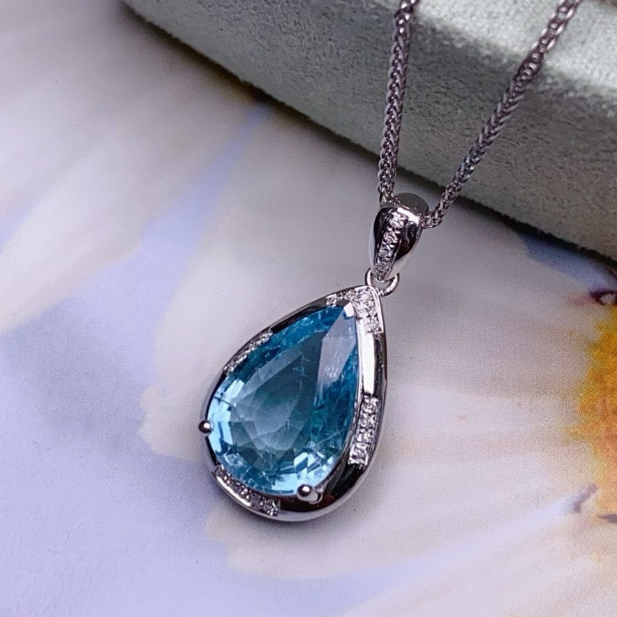 14k Gold 3.2 Ct Natural Aquamarine & Diamond Pendant( Without Chain ) - 3