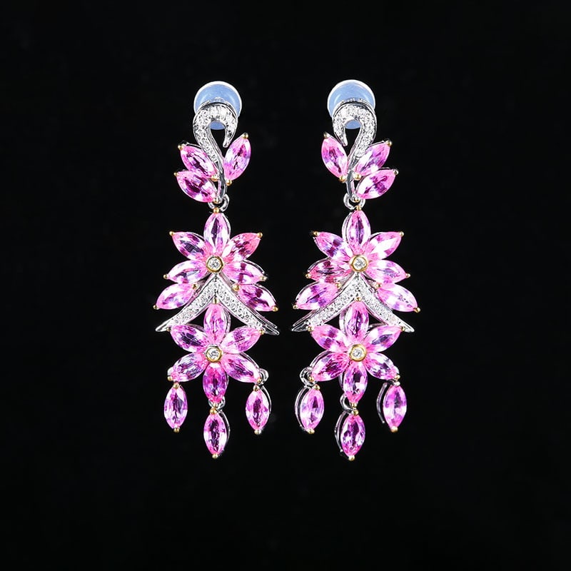 14k Gold 7.83 Ctw Natural Sapphire & Diamond Earrings: Ref:230939005 // gold content:14k gold // main gemstone:sapphire // shape:marquise // carat weight:7. 65ct // color:pink // treatment:natural // // adjacent gemstone 2 : diamond // number of