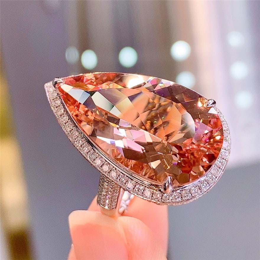 14k Gold 17.5 Ct Natural Morganite & Diamond Ring - 2