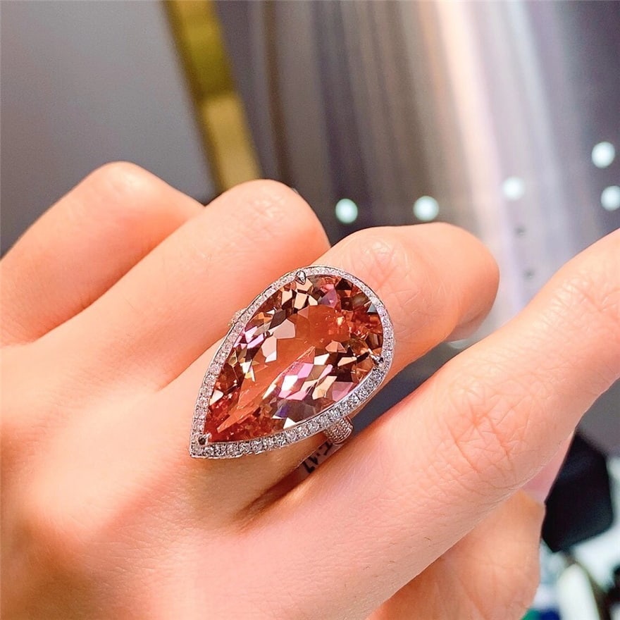 14k Gold 17.5 Ct Natural Morganite & Diamond Ring - 4