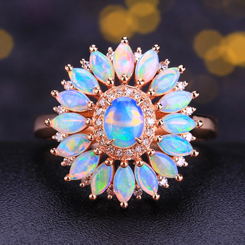 14k Gold 1.25 Ctw Natural Opal & Diamond Ring: Ref:230939035 // gold content:14k gold // ring size:7. 25us // // main gemstone:opal // shape:multiply // carat weight:1. 12ct // color:white // treatment:natural // // adjacent gemstone 2 :