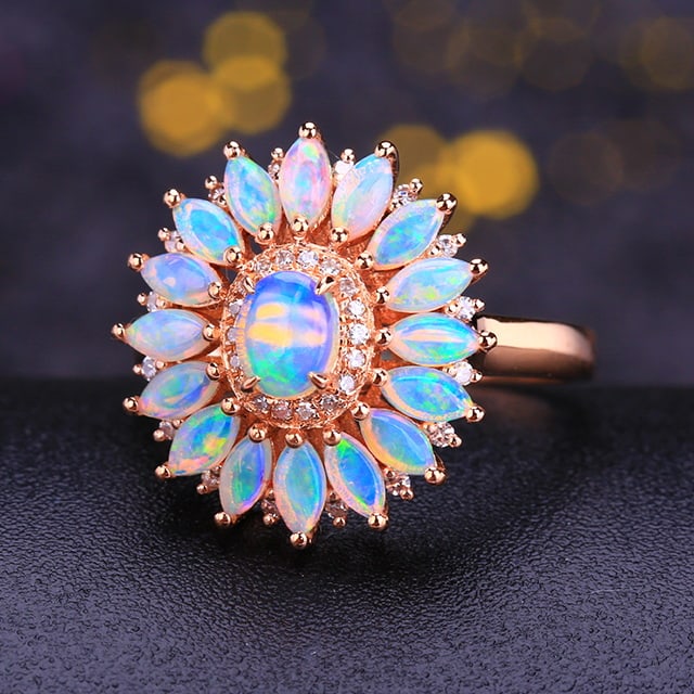 14k Gold 1.25 Ctw Natural Opal & Diamond Ring - 2