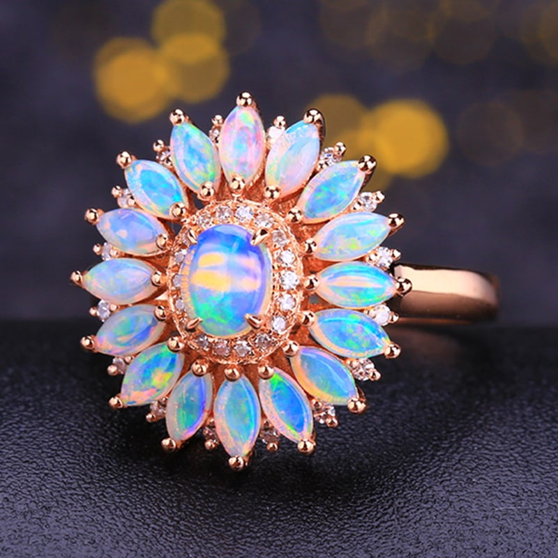 14k Gold 1.25 Ctw Natural Opal & Diamond Ring - 5