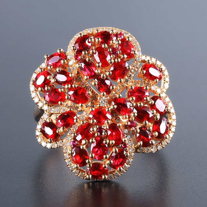 14k Gold 2.79 Ctw Natural Ruby & Diamond Ring: Ref:230939057 // gold content:14k gold // ring size:7. 25us // // main gemstone:ruby // shape:oval // carat weight:2. 46ct // color:pigeonblood red // treatment:natural // // adjacent gemstone 2 :