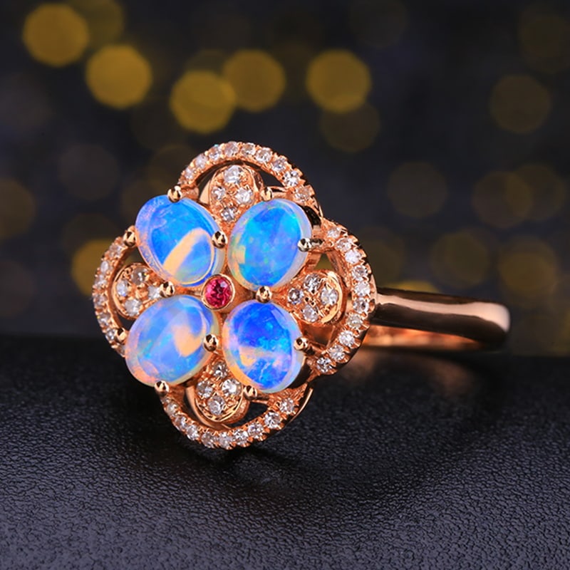 14k Gold 1.09 Ctw Natural Opal & Diamond Ring - 3