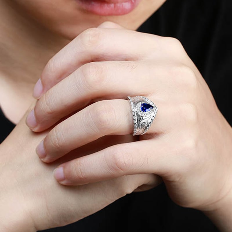 14k Gold 1.42 Ctw Vivid Blue Natural Sapphire & Diamond & Men¡¯s Ring - 6