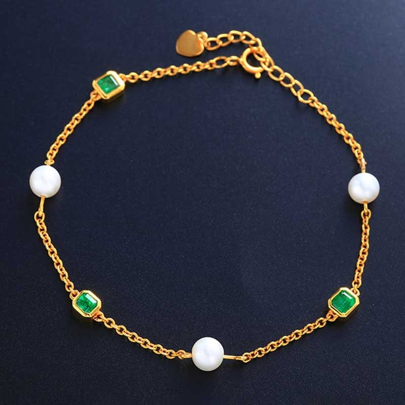 14k Gold 3.47 Ctw Natural Emerald & Pearl Bracelet - 2