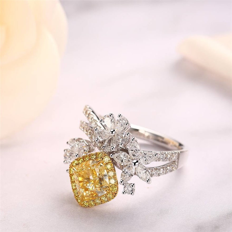 14k Gold 1 Ct Natural Yellow Diamond & Diamond Ring - 6