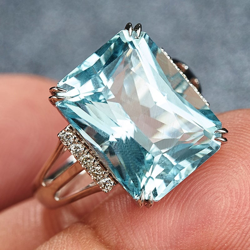 14k Gold 9.08 Ct Natural Aquamarine & Diamond Ring - 5