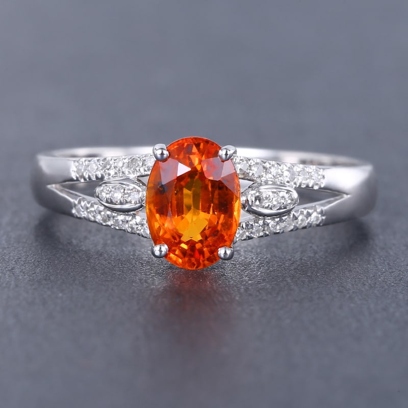 14k Gold 1.29 Ctw Natural Sapphire & Diamond Ring: Ref:230939085 // gold content:14k gold // ring size:7. 25us // // main gemstone:sapphire // shape:oval // carat weight:1. 2ct // color:orange // treatment:natural // // adjacent gemstone 2 :