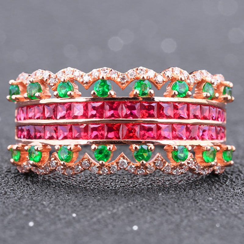 14k Gold 1.13 Ctw Natural Ruby & Tsavorite Ring: Ref:230939089 // gold content:14k gold // ring size:7. 25us // // main gemstone:ruby // shape:princess // carat weight:0. 67ct // color:red // treatment:natural // // adjacent gemstone 2 :